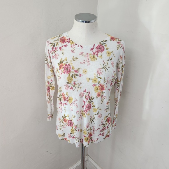 LOFT Sweaters - LOFT Womens Small Floral Print Lightweight Ramie Viscose Sweater White Pink S